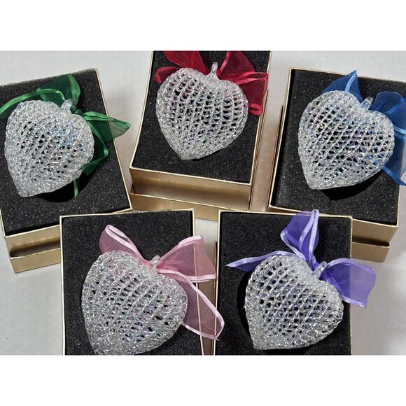 Set 5 Handblown Spun Iridescent Glass Heart Ornament w Ribbon Bows 3" Holiday - Picture 2 of 10